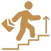 Icon of someone walking up stairs holding a briefcase following an up arrow